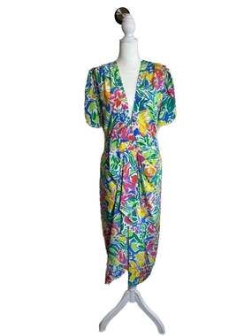 Vintage Malia Tropical Floral Faux Wrap Front Midi Dress Size 4